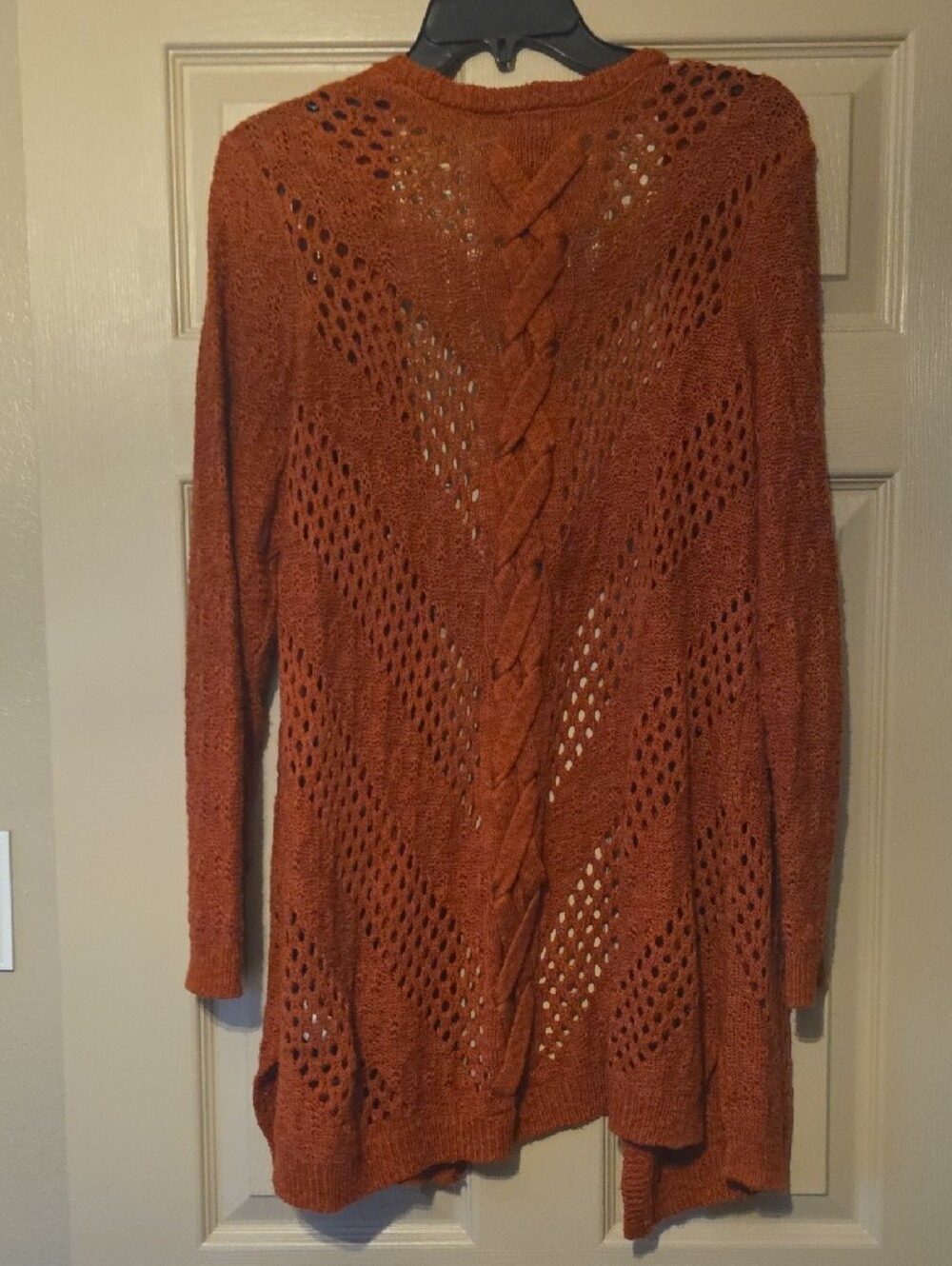Rust/Orange Openwork Knit Cardigan Sweater - Picture 6 of 6